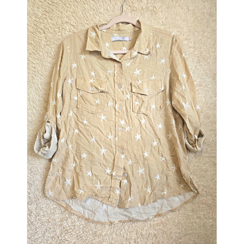 Billy T Womens S Beige White Star Print Button-Up Shirt Collared Long Sleeve